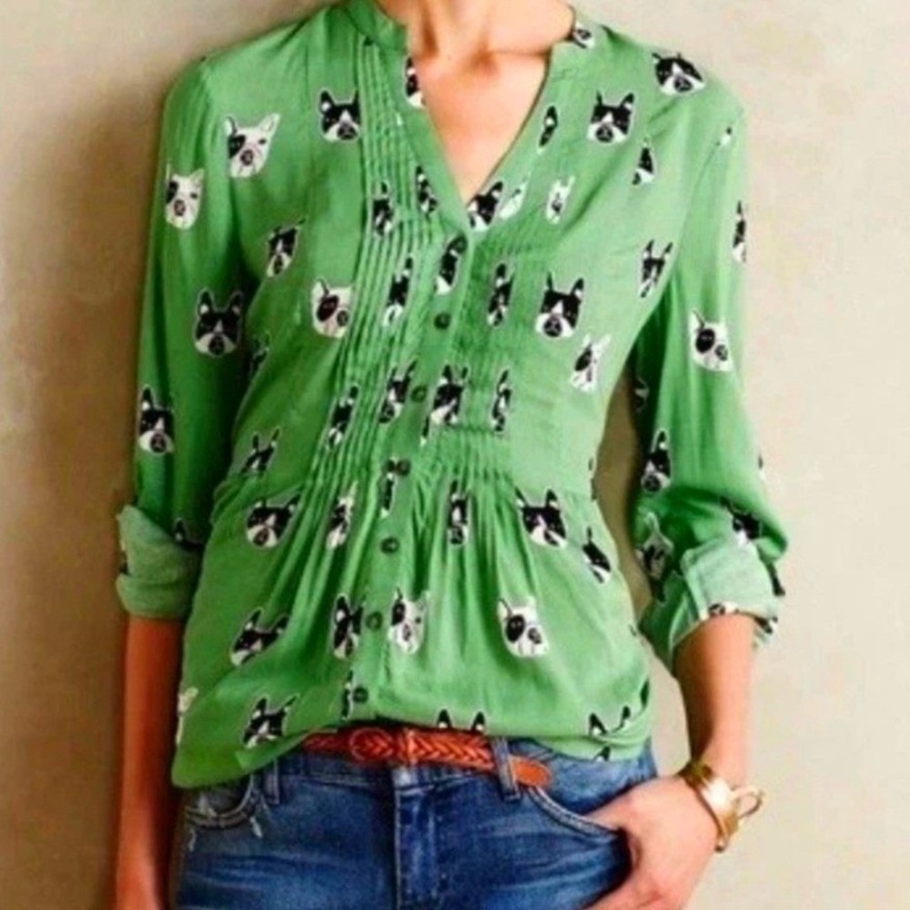 Maeve French Bulldog Print Green Long Sleeve V Neck Button Pin-tuck Boho Top